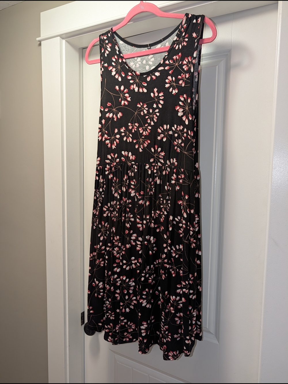 Black Floral Sleeveless Midi Dress with Pink Blossoms